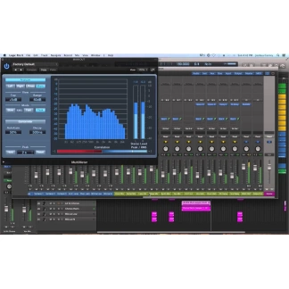 logic pro with virtual mixing board and histogram